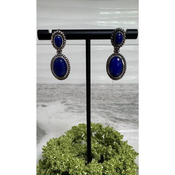 Sterling Silver Lapis Lazuli Double Stone Dangle Earrings - Picture 1 of 8